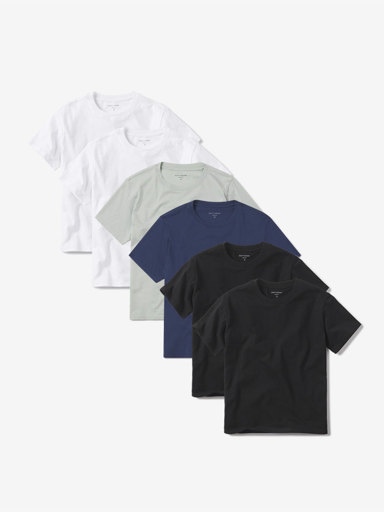 Women wearing White/White/Honeydew/Venice Blue/Black/Black Everyday Cotton Crew Tee 6-Pack