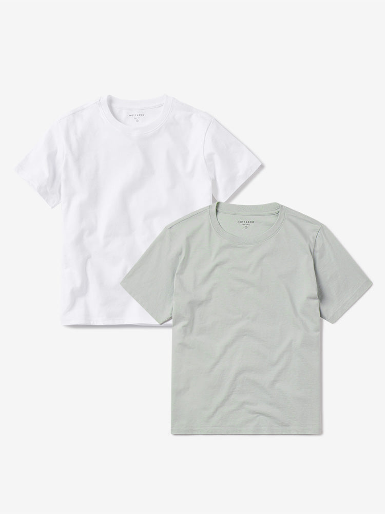Women wearing White/Honeydew Everyday Cotton Crew Tee 2-Pack