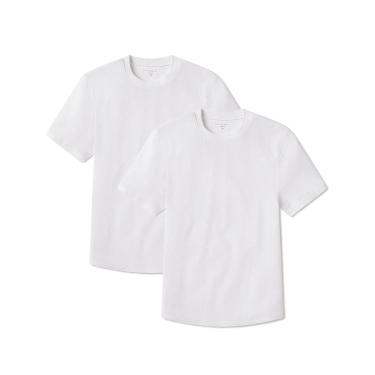 Men wearing White Cotton Waffle Curved Hem Crew 2-Pack