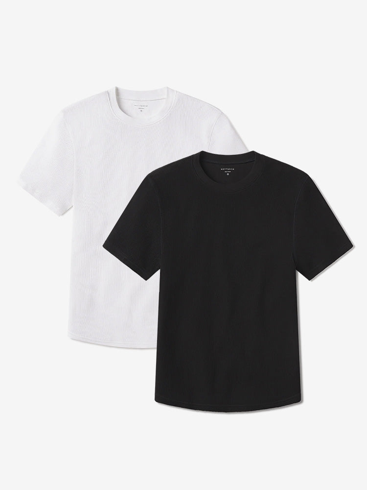Men wearing Black/White Cotton Waffle Curved Hem Crew 2-Pack