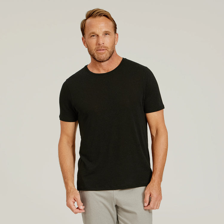Men wearing Black Linen Blend Crew Tee
