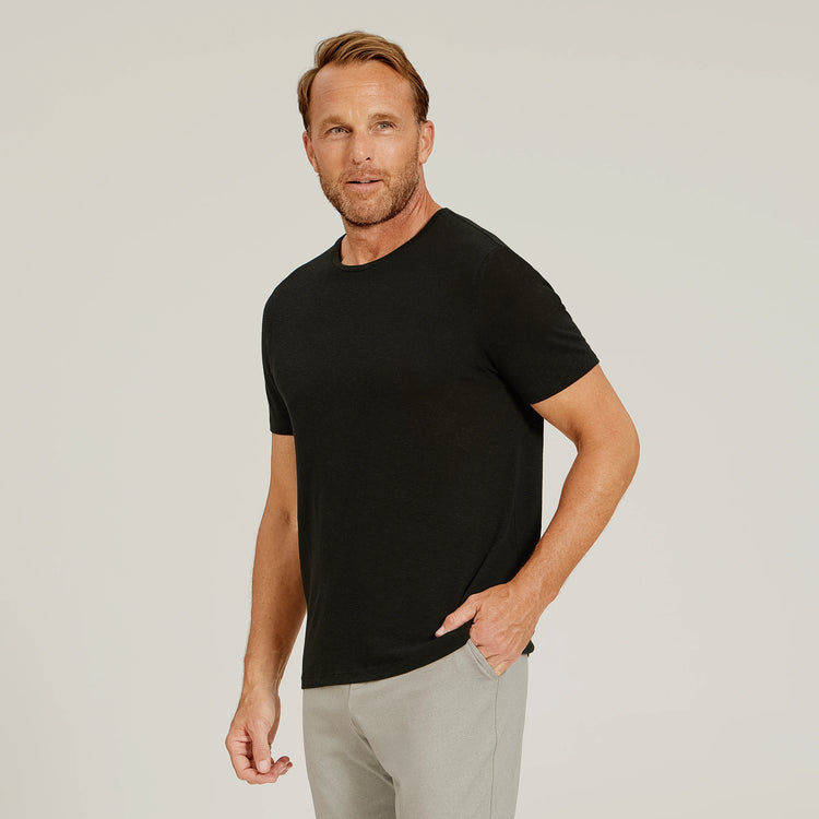 Men wearing Black Linen Blend Crew Tee