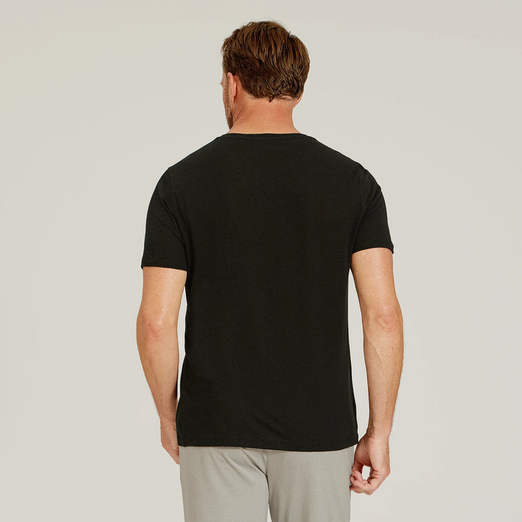 Men wearing Black Linen Blend Crew Tee