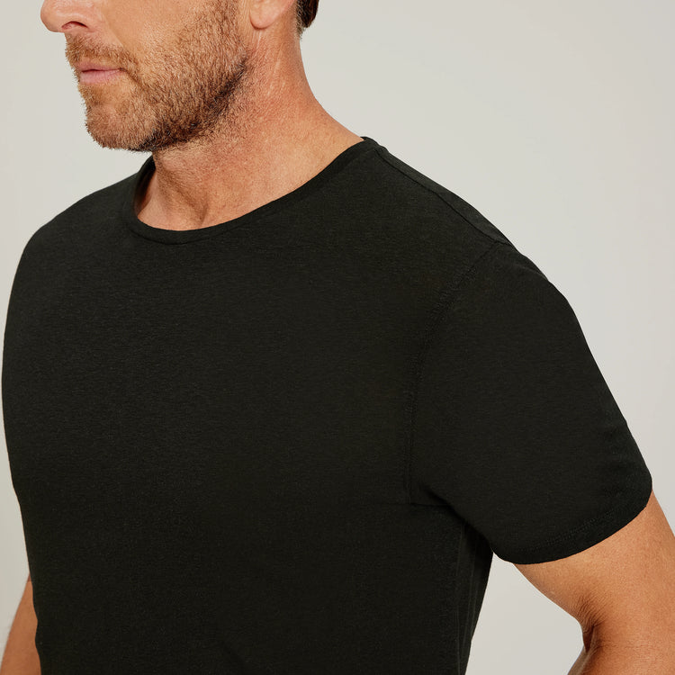 Men wearing Black Linen Blend Crew Tee