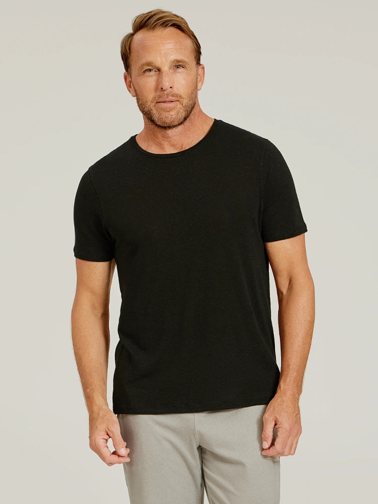 Men wearing Black Linen Blend Crew Tee