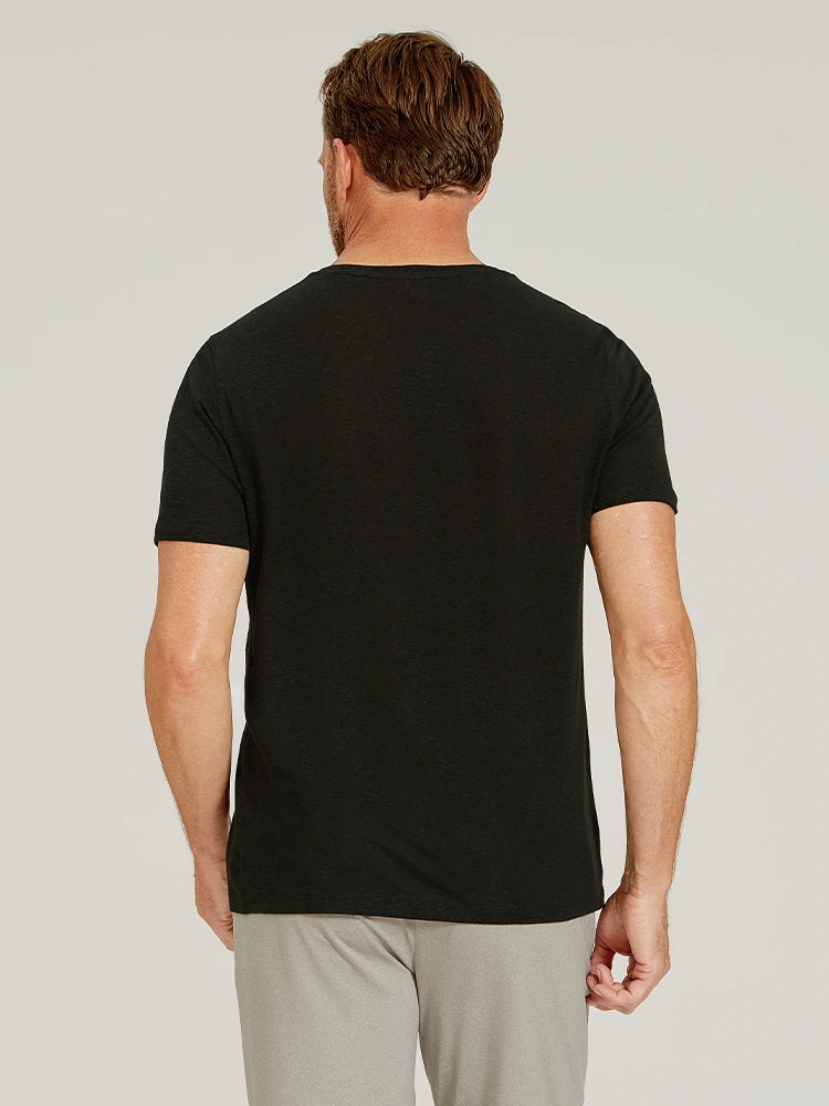 Men wearing Black Linen Blend Crew Tee