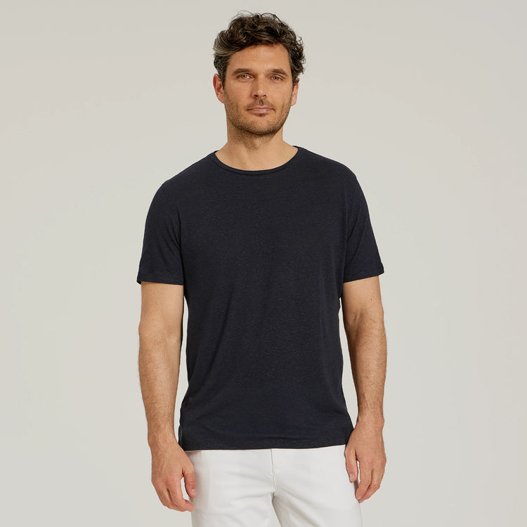 Men wearing Navy Linen Blend Crew Tee