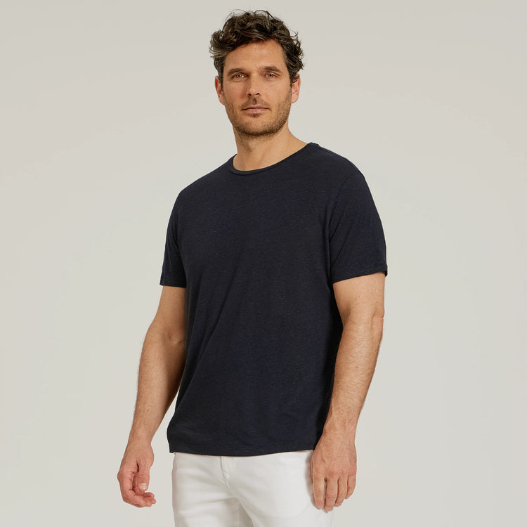 Men wearing Navy Linen Blend Crew Tee