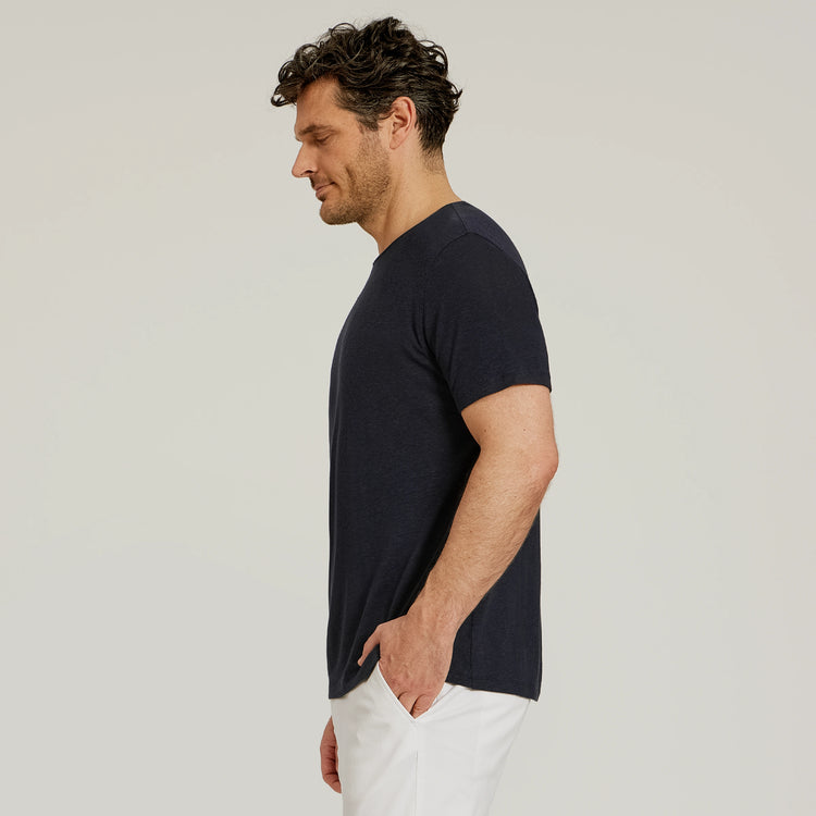 Men wearing Navy Linen Blend Crew Tee