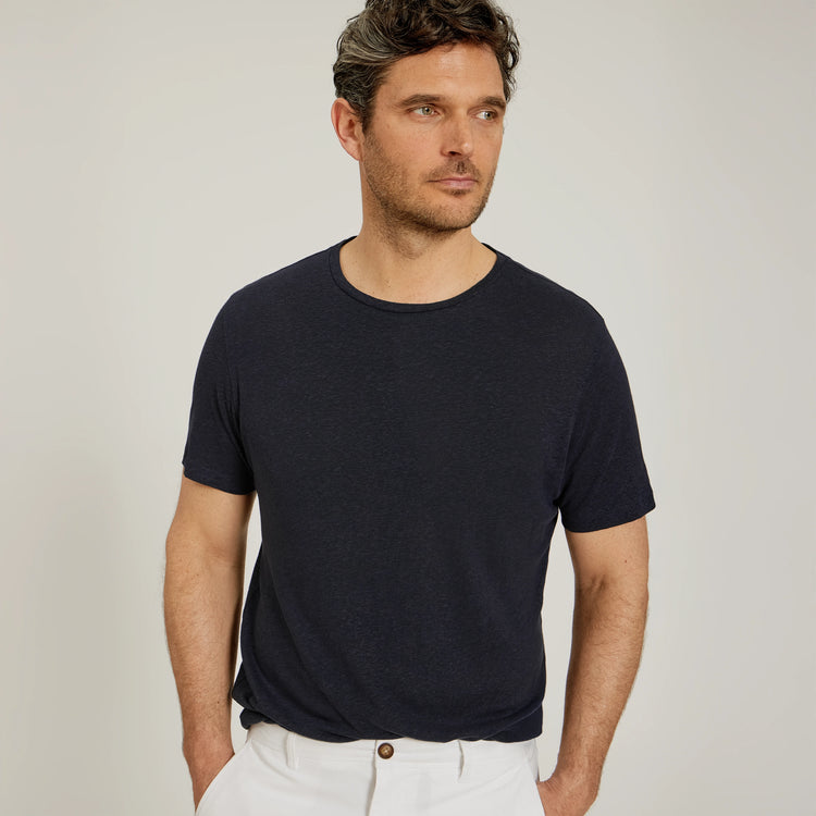 Men wearing Navy Linen Blend Crew Tee