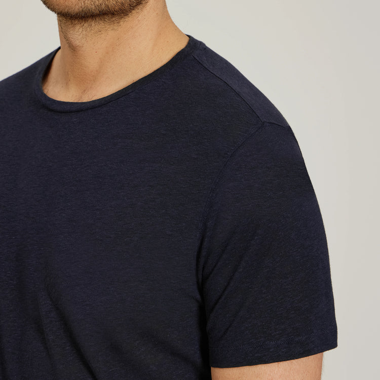 Men wearing Navy Linen Blend Crew Tee