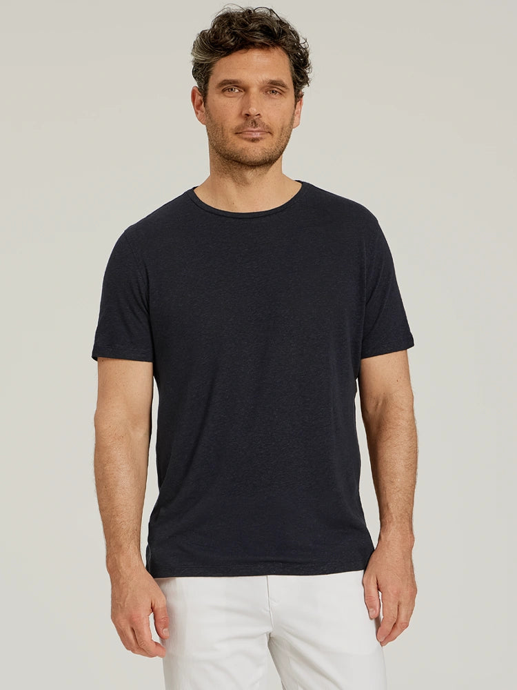 Men wearing Navy Linen Blend Crew Tee