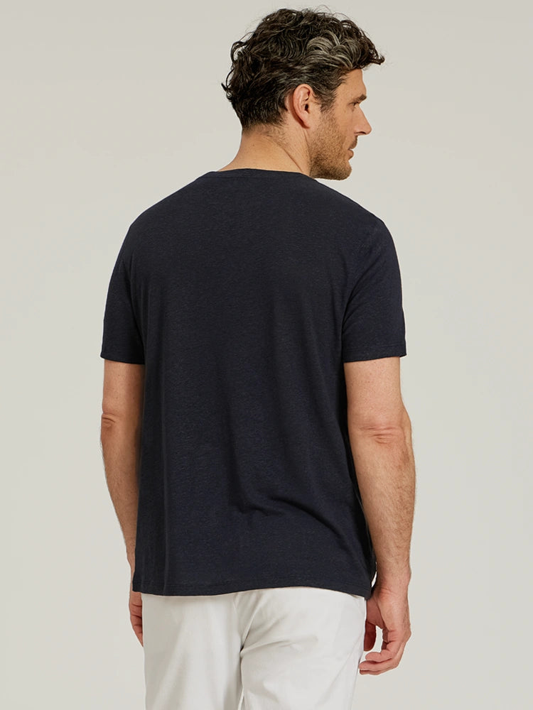 Men wearing Navy Linen Blend Crew Tee