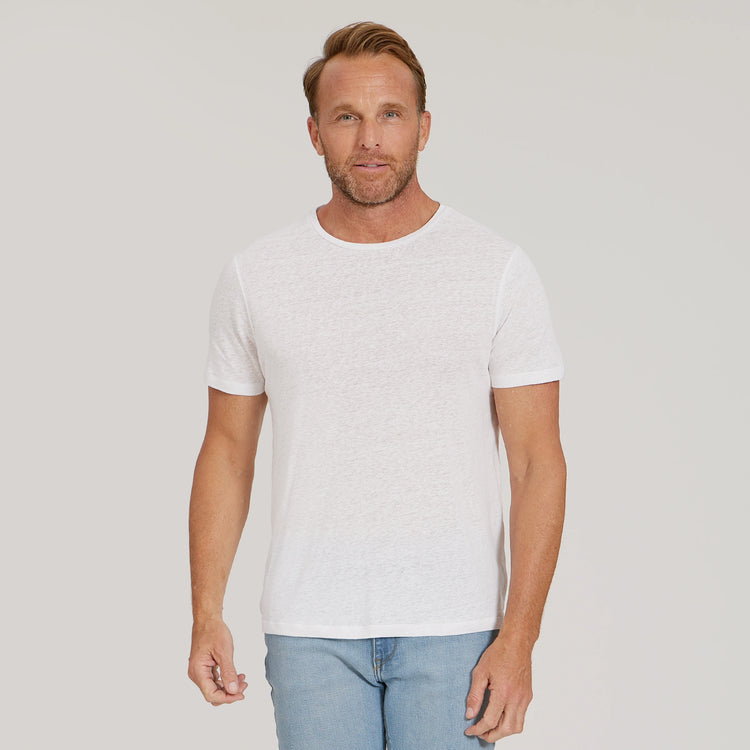 Men wearing White Linen Blend Crew Tee