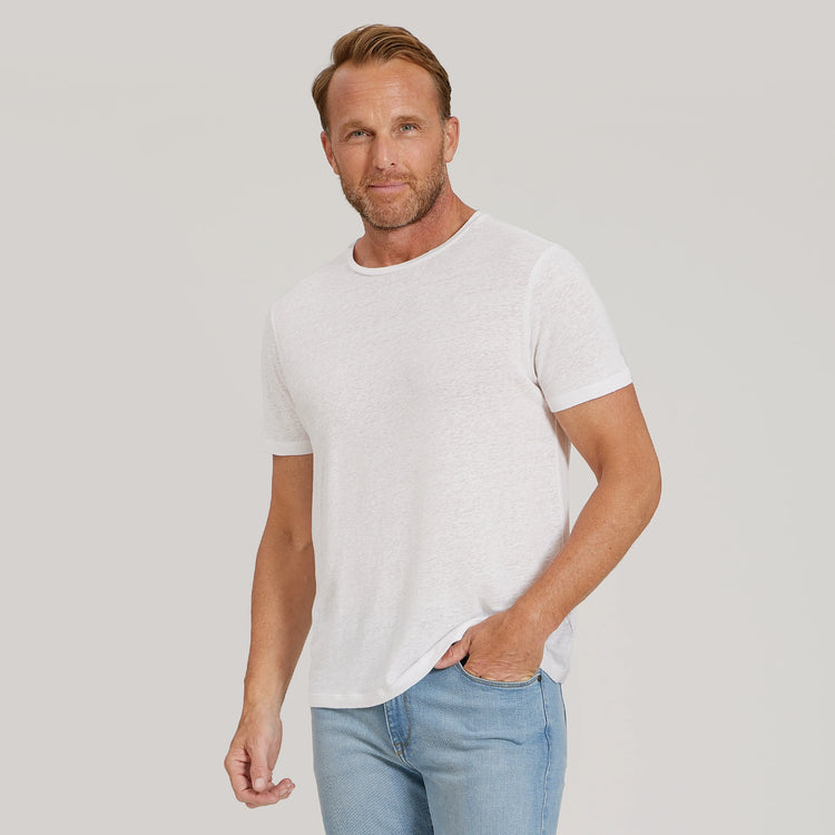 Men wearing White Linen Blend Crew Tee