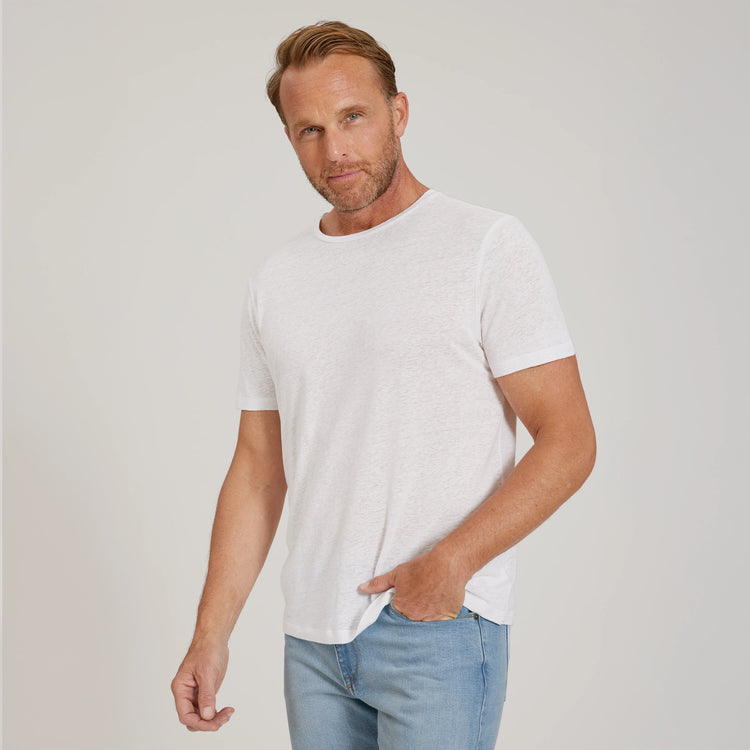 Men wearing White Linen Blend Crew Tee