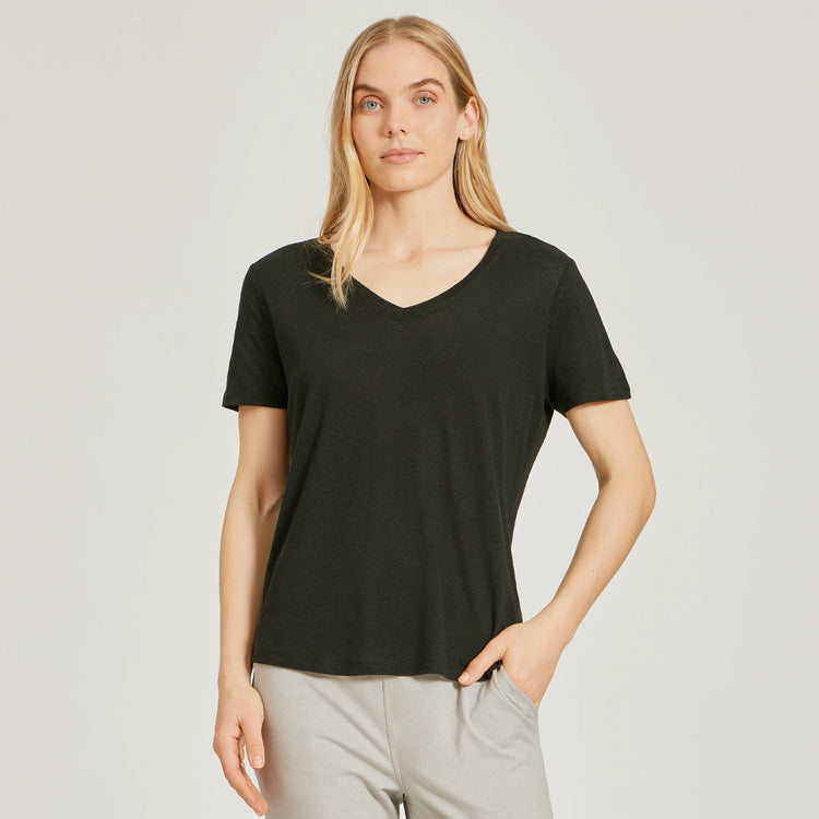 Women wearing Black Relaxed Linen Blend V-Neck Tee