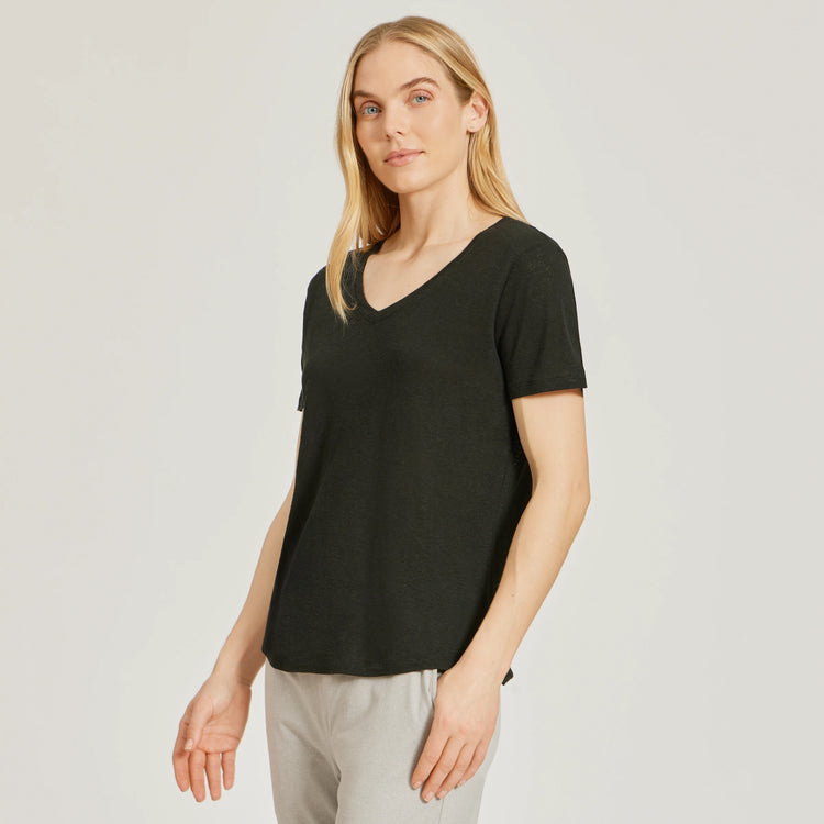 Women wearing Black Relaxed Linen Blend V-Neck Tee