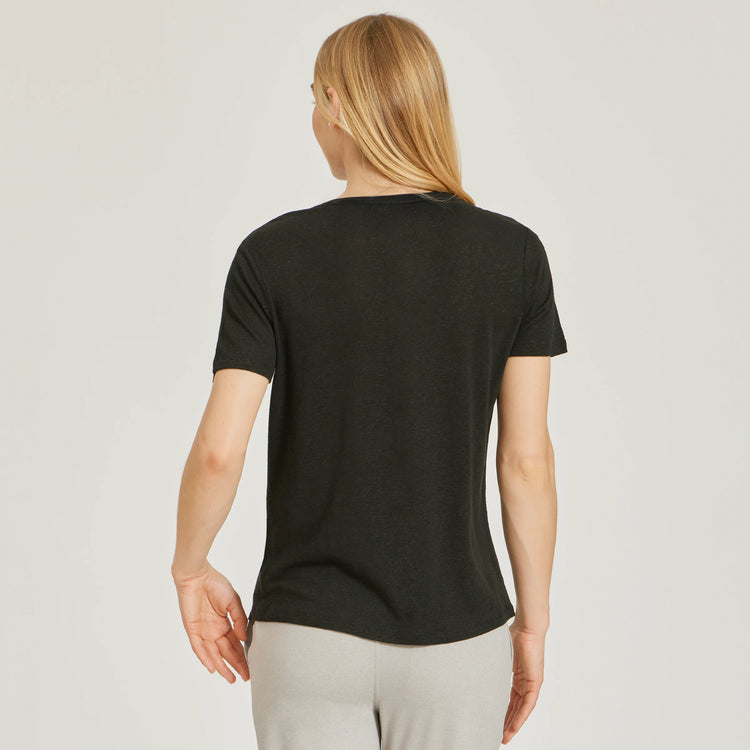 Women wearing Black Relaxed Linen Blend V-Neck Tee