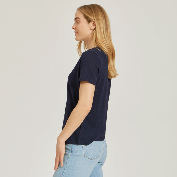 Women wearing Navy Relaxed Linen Blend V-Neck Tee