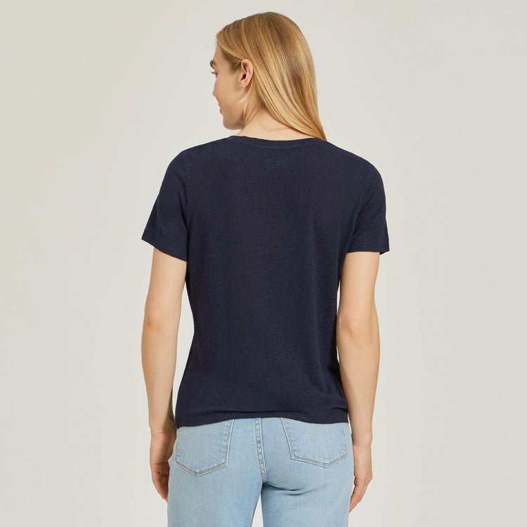 Women wearing Navy Relaxed Linen Blend V-Neck Tee