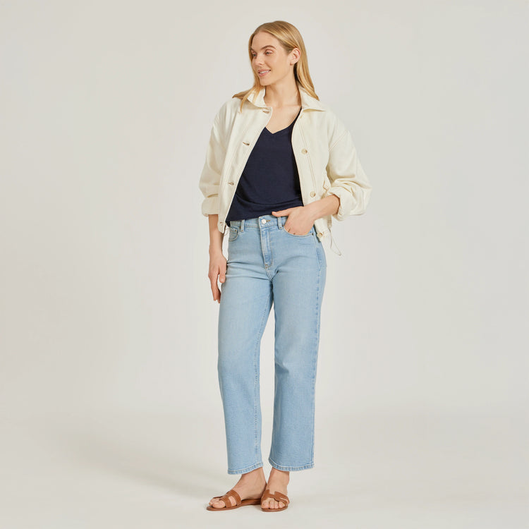 Women wearing Navy Relaxed Linen Blend V-Neck Tee