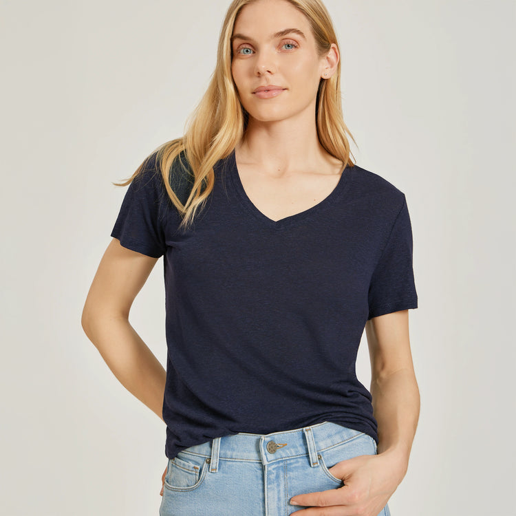 Women wearing Navy Relaxed Linen Blend V-Neck Tee