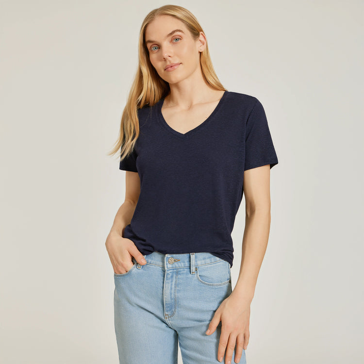Women wearing Navy Relaxed Linen Blend V-Neck Tee