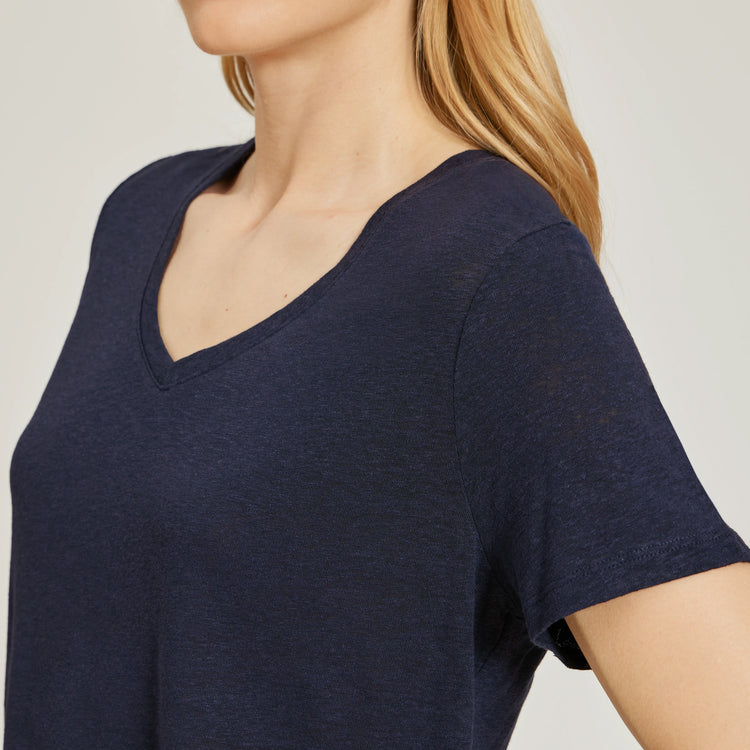 Women wearing Navy Relaxed Linen Blend V-Neck Tee