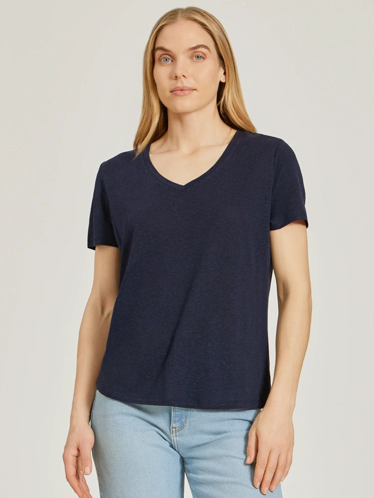 Women wearing Navy Relaxed Linen Blend V-Neck Tee