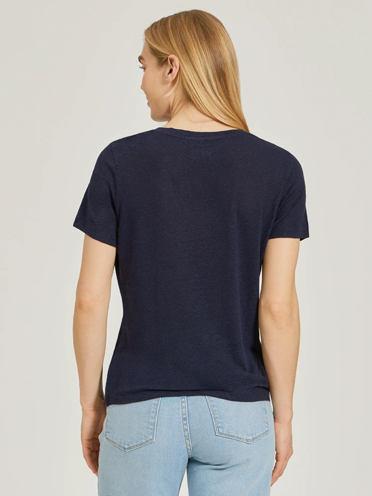Women wearing Navy Relaxed Linen Blend V-Neck Tee