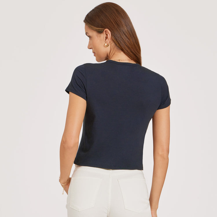 Women wearing Azul marino Cropped Fitted Crew Marcy Tee