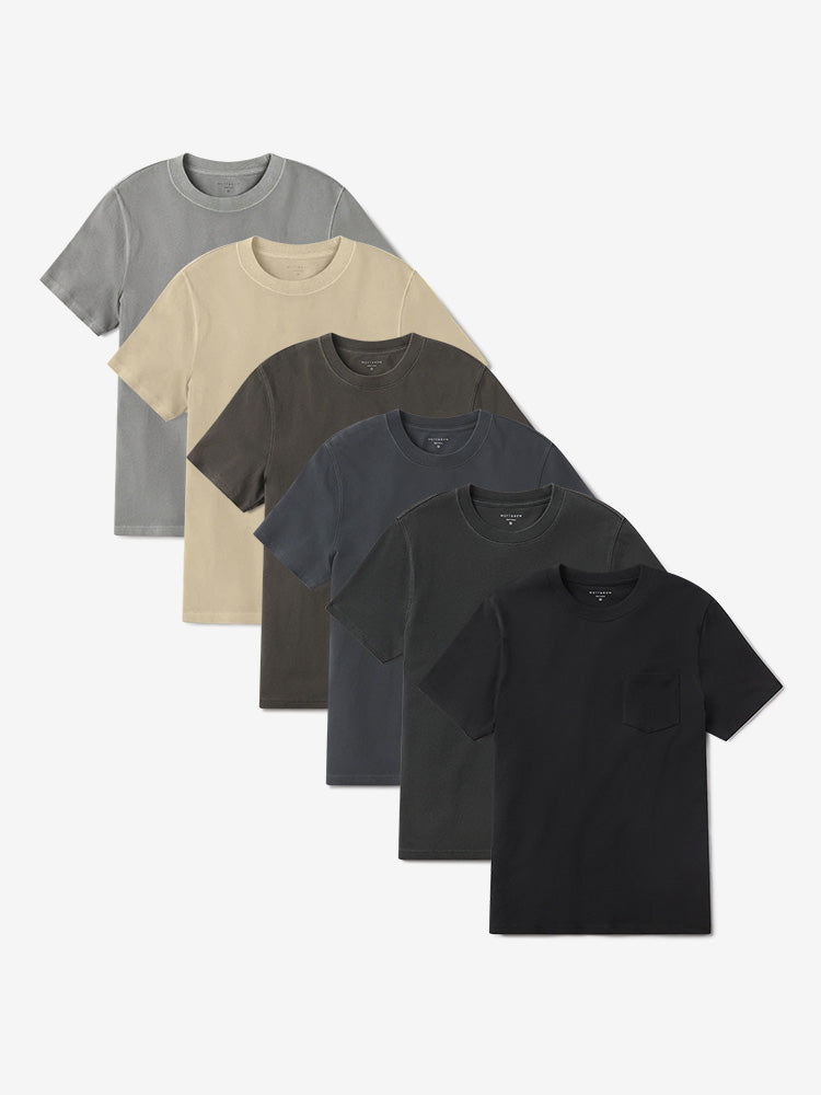 Men wearing Vintage Black/Vintage Taupe/Vintage Blue Ink/Vintage Pewter/Vintage Dark Gray/Vintage Dark Moss Heritage Weighted Tee 6-Pack