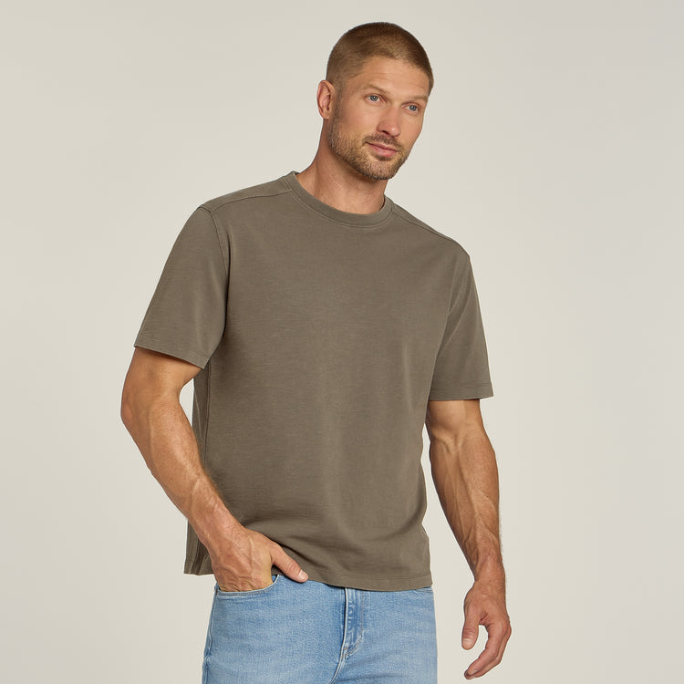Men wearing Vintage Dark Moss Cotton Jersey Oversized Tee