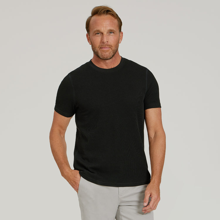 Men wearing Black Cotton Waffle Curved Hem Crew