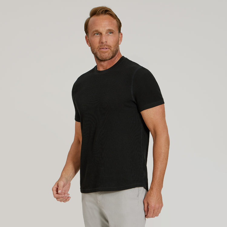 Men wearing Black Cotton Waffle Curved Hem Crew