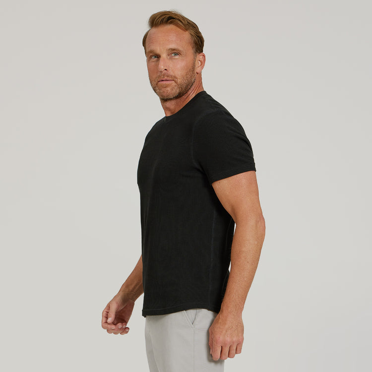 Men wearing Black Cotton Waffle Curved Hem Crew