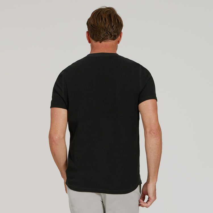 Men wearing Black Cotton Waffle Curved Hem Crew