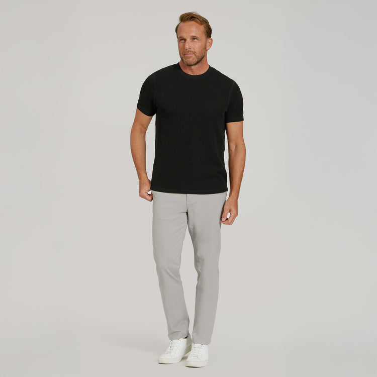 Men wearing Black Cotton Waffle Curved Hem Crew