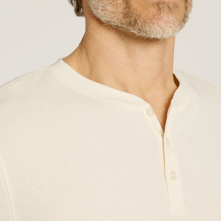 Men wearing Bone Cotton Waffle Curved Hem Henley