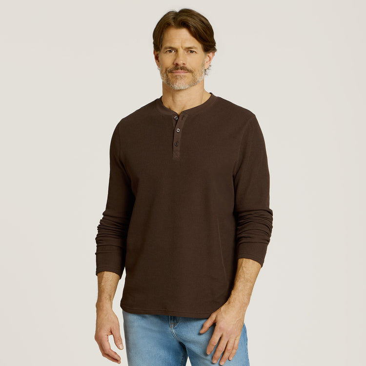 Men wearing Cocoa Cotton Waffle Curved Hem Henley