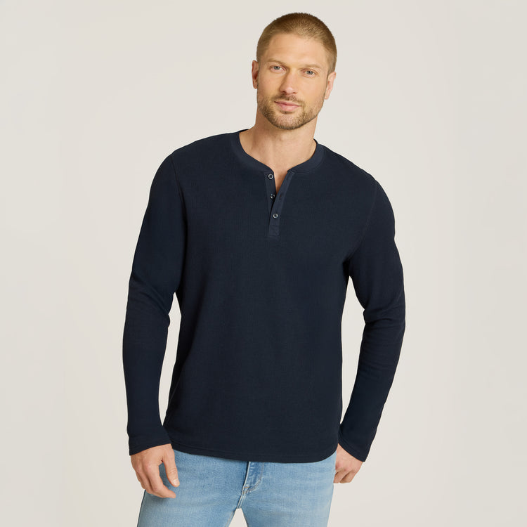 Men wearing Navy Cotton Waffle Curved Hem Henley