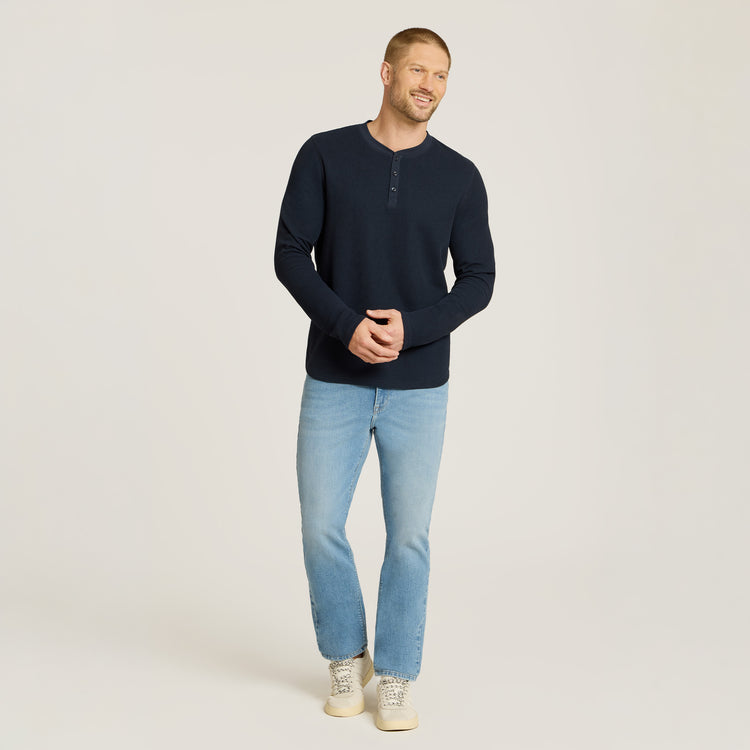 Men wearing Navy Cotton Waffle Curved Hem Henley