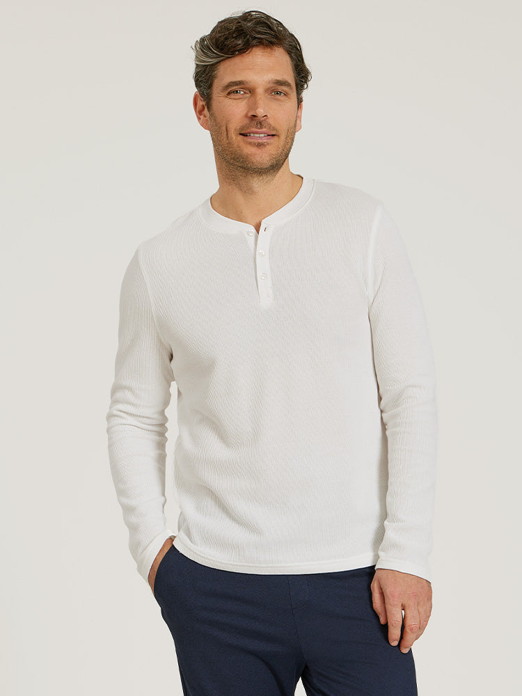 Men wearing White Cotton Waffle Curved Hem Henley