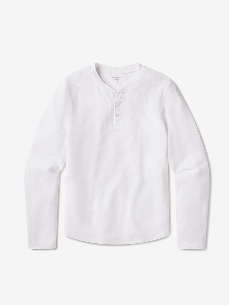 Men wearing White Cotton Waffle Curved Hem Henley