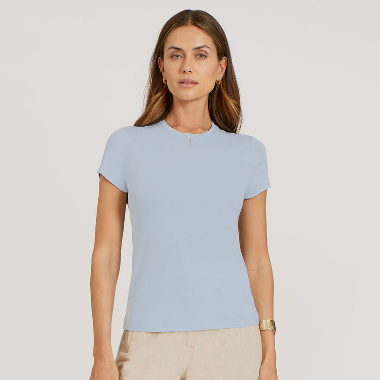 Women wearing Ice Blue Fitted Crew Marcy Tee