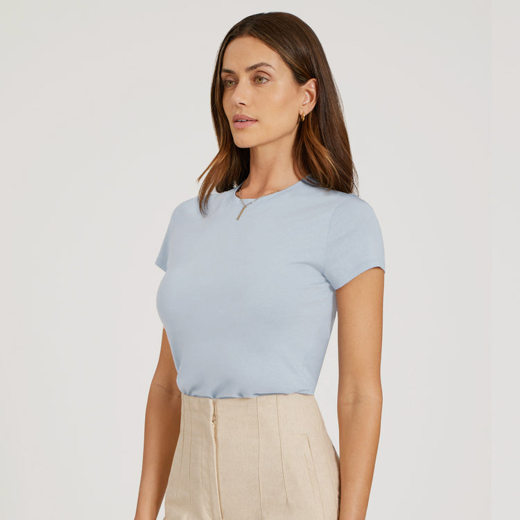 Women wearing Ice Blue Fitted Crew Marcy Tee