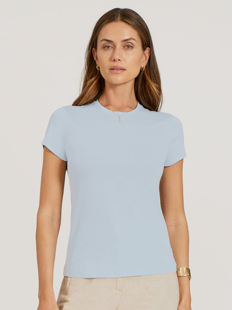 Women wearing Ice Blue Fitted Crew Marcy Tee