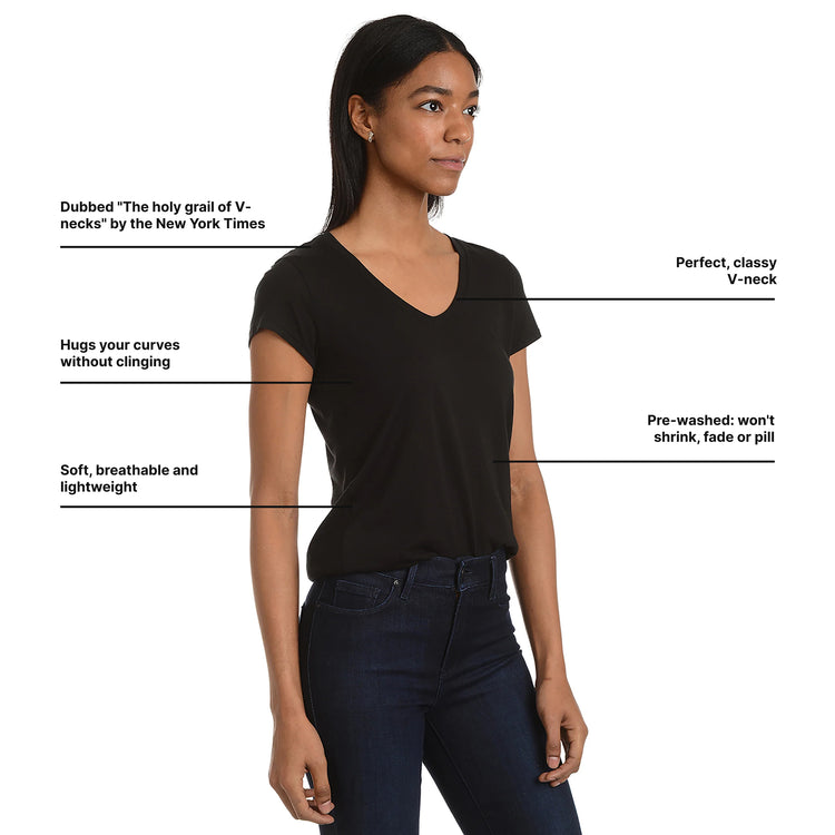 wearing Black Fitted V-Neck Marcy Tee