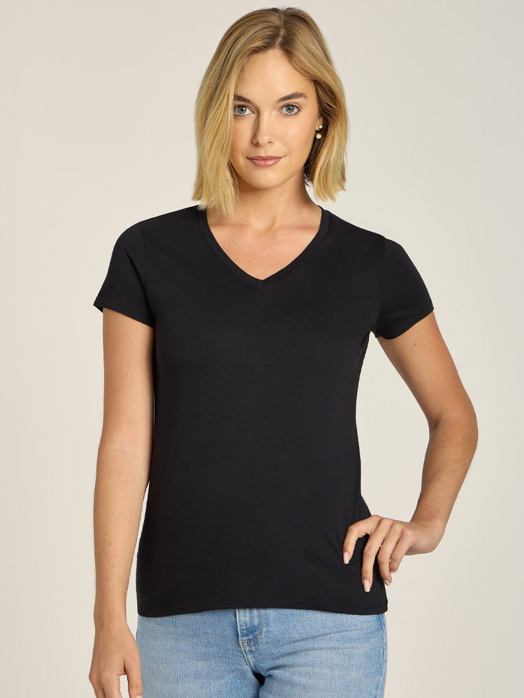 Women wearing Black Fitted V-Neck Marcy Tee